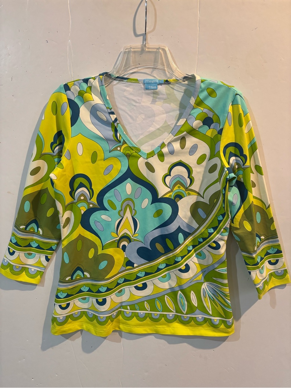 J McLaughlin V-Neck 3/4 Sleeve Top in Lime Green Multicolor Geometric Print S